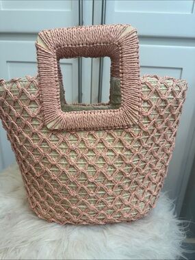 Handwoven Straw Tote with Pink Raffia Lattice